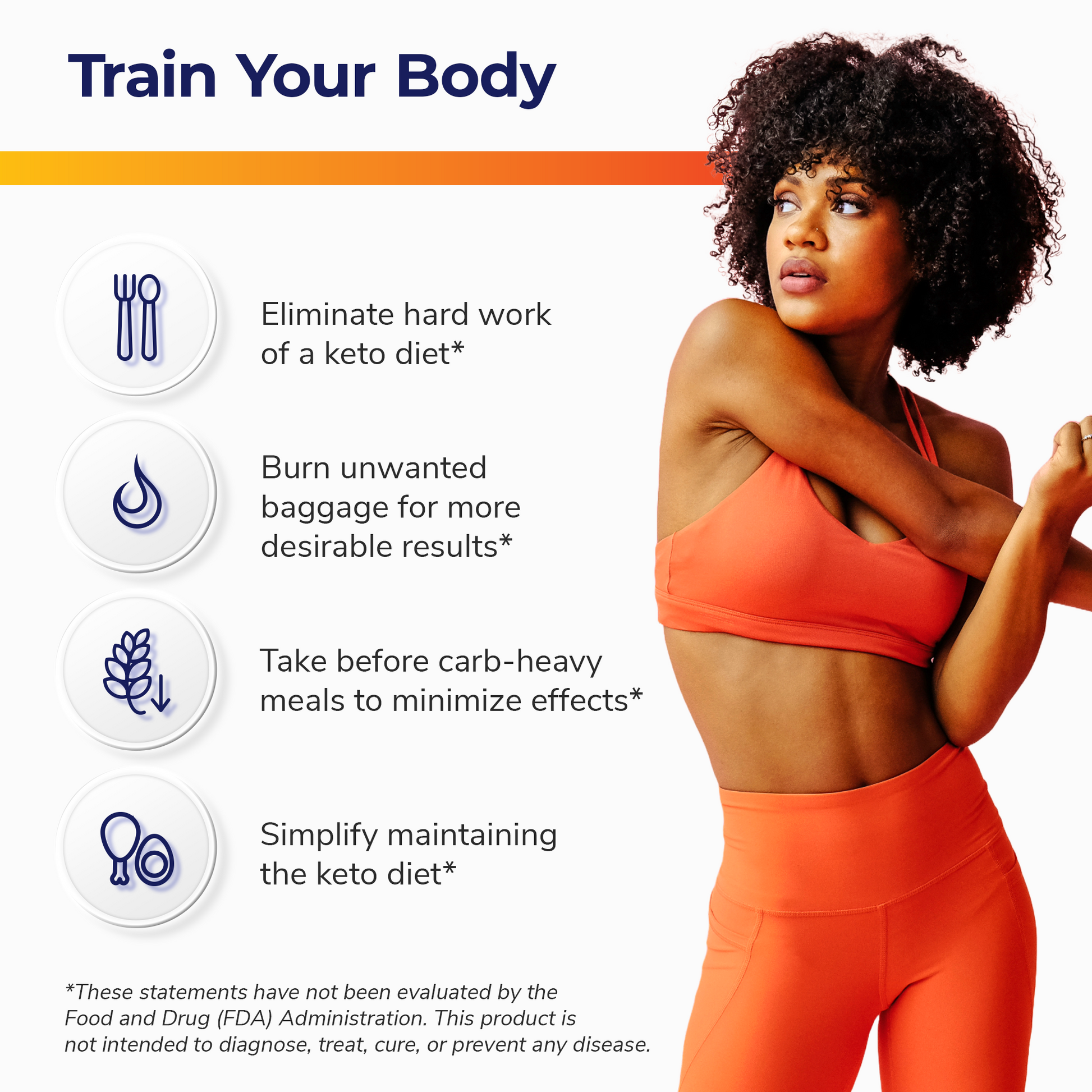 A woman stretching her arm with a header reading 'Train Your Body' and a list of health benefits in the background.