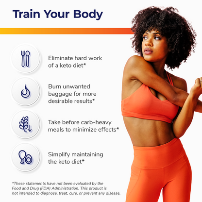 A woman stretching her arm with a header reading 'Train Your Body' and a list of health benefits in the background.