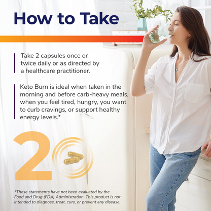 A woman drinking water and instructions how to take Keto Burn. 