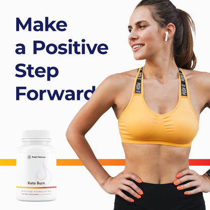 A woman exercising with a header reading 'Make a Positive Step Forward' and a bottle of Keto Burn at the bottom.